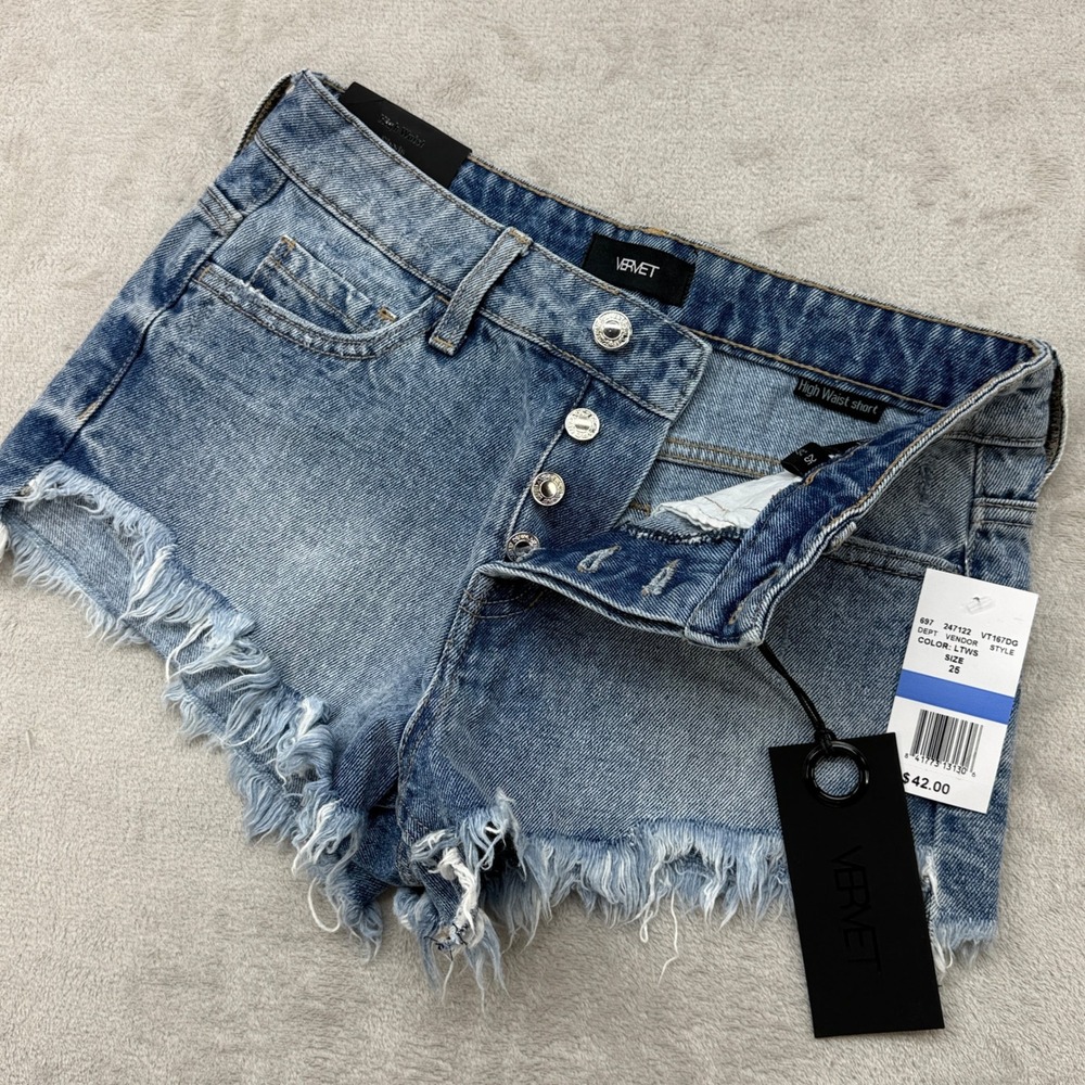 VERVET High-Rise Distressed Denim Jean Shorts - Light Blue
